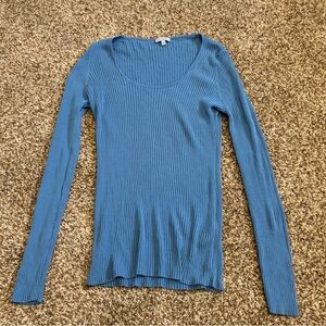 Jigsaw || Blue Ribbed Long Sleeve Top Silk Cotton Blend Size L